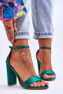 Satynowe Sandały Na Obcasie Zielone Linsy