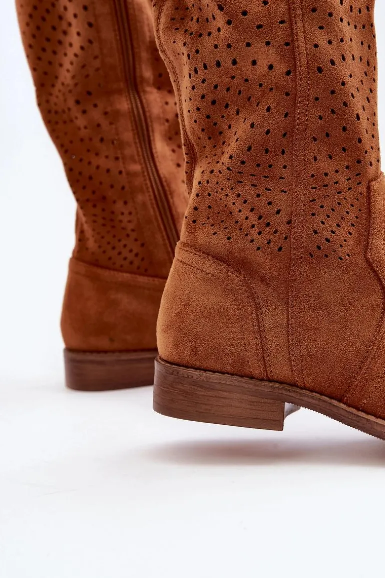 S.Barski HY66-150 Ażurowe Kozaki Na Płaskim Obcasie Camel