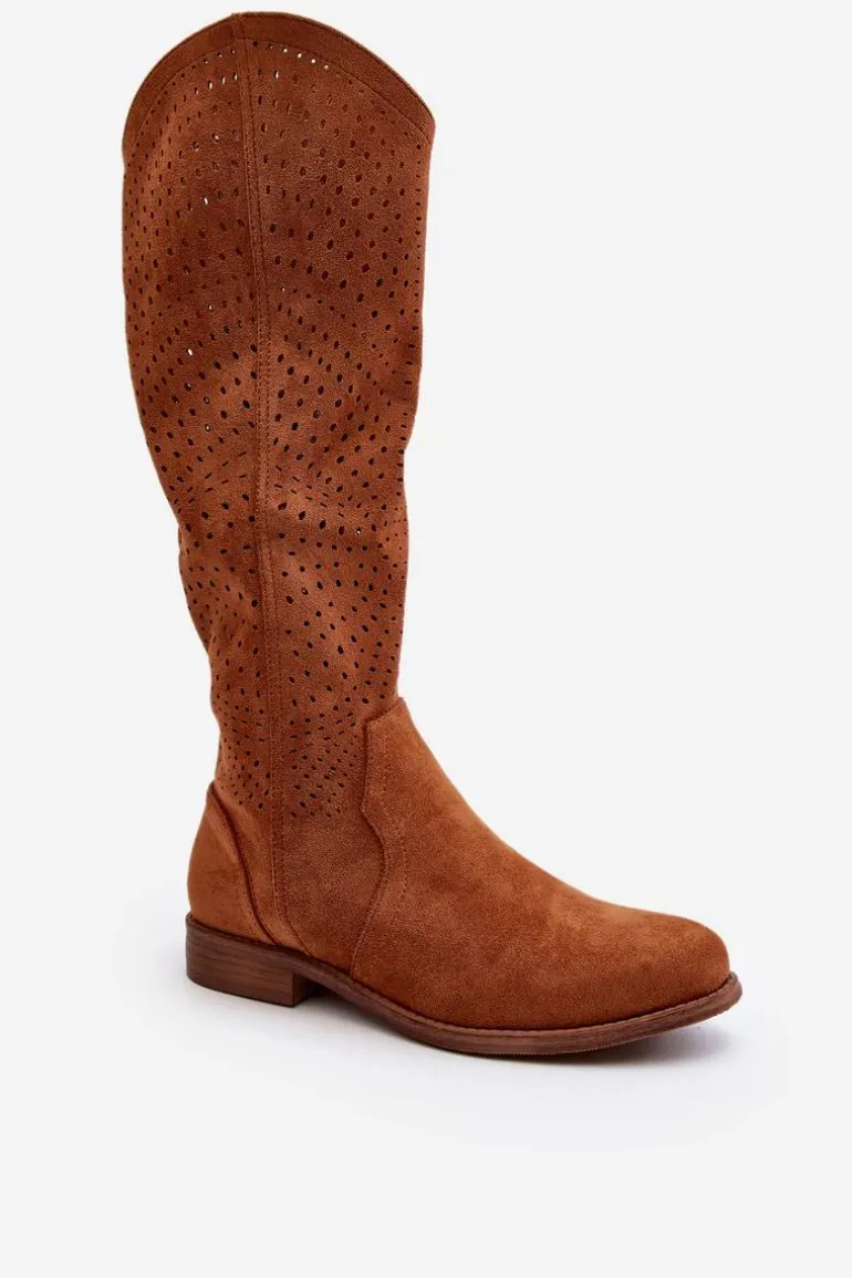 S.Barski HY66-150 Ażurowe Kozaki Na Płaskim Obcasie Camel