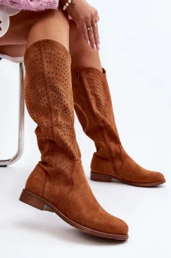 S.Barski HY66-150 Ażurowe Kozaki Na Płaskim Obcasie Camel