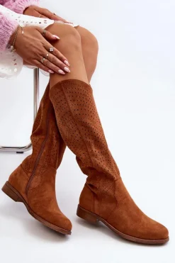 S.Barski HY66-150 Ażurowe Kozaki Na Płaskim Obcasie Camel