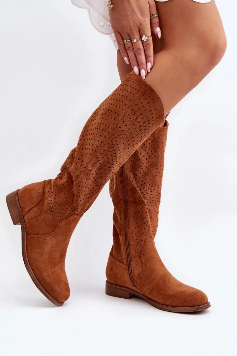 S.Barski HY66-150 Ażurowe Kozaki Na Płaskim Obcasie Camel