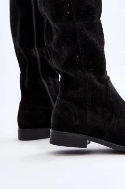 S.Barski HY66-150 Ażurowe Kozaki Na Płaskim Obcasie Czarne