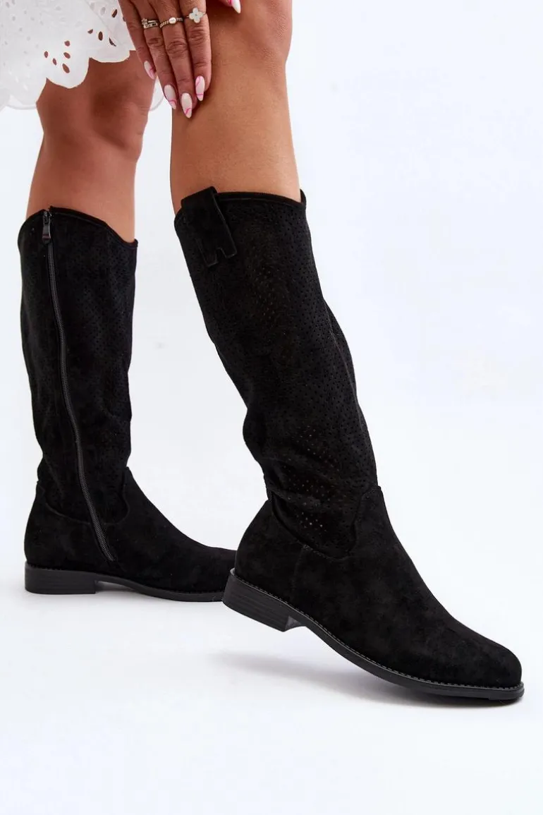 S.Barski HY66-139 Ażurowe Kozaki Damskie Czarne