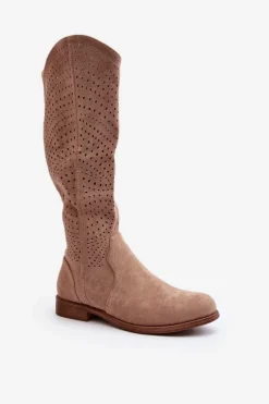 S.Barski HY66-150 Ażurowe Kozaki Na Płaskim Obcasie Beżowe