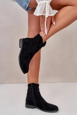 S.Barski HY66-135 Damskie Ażurowe Botki Na Płaskim Obcasie Czarne