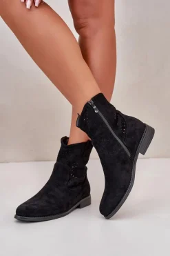 S.Barski HY66-135 Damskie Ażurowe Botki Na Płaskim Obcasie Czarne