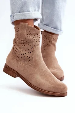 S.Barski HY66-135 Damskie Ażurowe Botki Na Płaskim Obcasie Beżowe