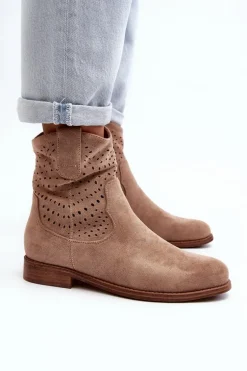 S.Barski HY66-135 Damskie Ażurowe Botki Na Płaskim Obcasie Beżowe