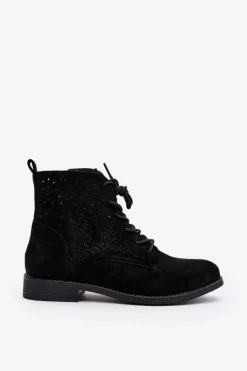 S.Barski HY66-136 Damskie Botki Ze Wzorem Czarne