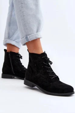 S.Barski HY66-136 Damskie Botki Ze Wzorem Czarne