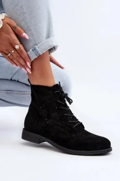 S.Barski HY66-136 Damskie Botki Ze Wzorem Czarne