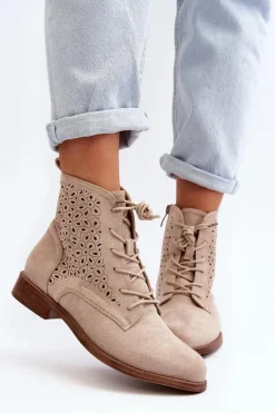 S.Barski HY66-136 Damskie Botki Ze Wzorem Jasnobeżowe