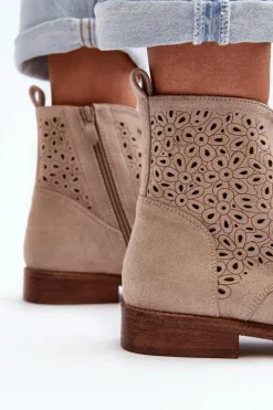 S.Barski HY66-136 Damskie Botki Ze Wzorem Jasnobeżowe