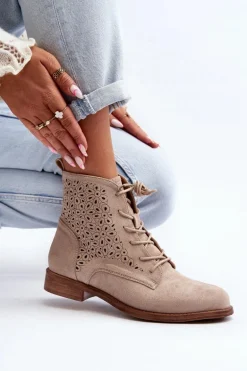 S.Barski HY66-136 Damskie Botki Ze Wzorem Jasnobeżowe