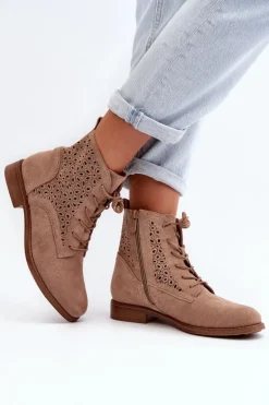 S.Barski HY66-136 Damskie Botki Ze Wzorem Beżowe