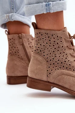 S.Barski HY66-136 Damskie Botki Ze Wzorem Beżowe