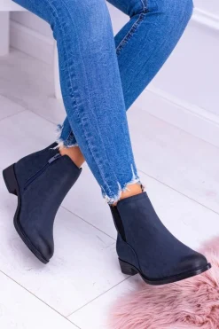 Sergio Leone Granatowe Botki Sztyblety Nubuk Płaski Obcas Vuko