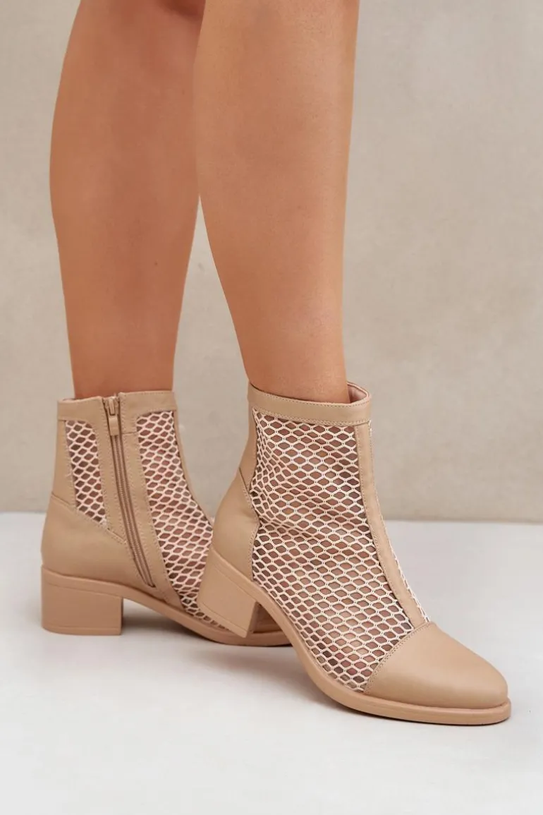 Siateczkowe Botki Damskie Na Obcasie Beżowe Lithyia