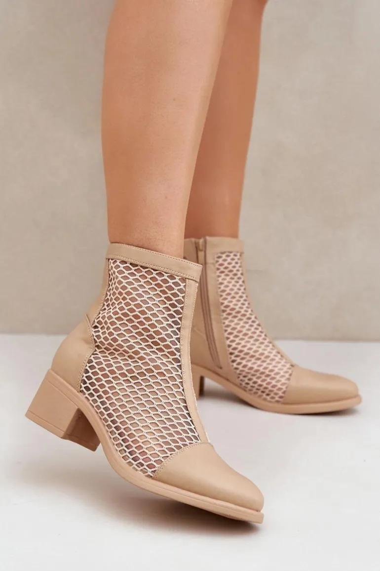 Siateczkowe Botki Damskie Na Obcasie Beżowe Lithyia