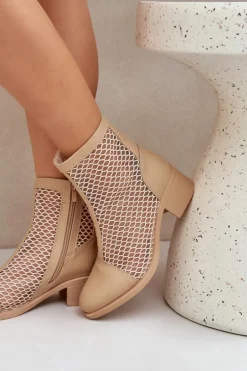 Siateczkowe Botki Damskie Na Obcasie Beżowe Lithyia