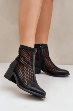 Siateczkowe Botki Damskie Na Obcasie Czarne Lithyia