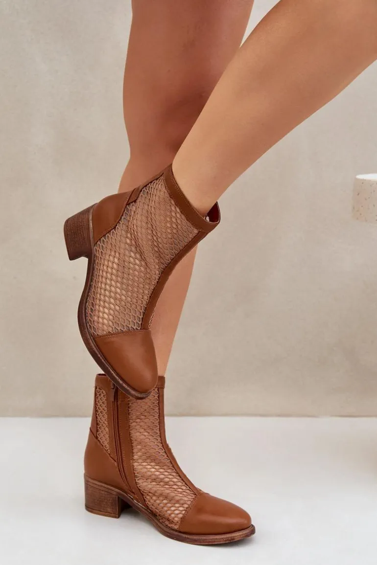 Siateczkowe Botki Damskie Na Obcasie Brązowe Lithyia