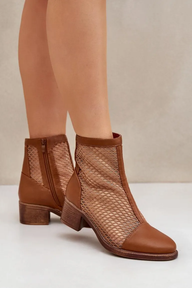 Siateczkowe Botki Damskie Na Obcasie Brązowe Lithyia