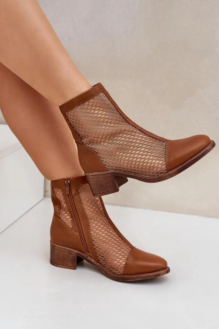 Siateczkowe Botki Damskie Na Obcasie Brązowe Lithyia