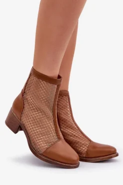 Siateczkowe Botki Damskie Na Obcasie Brązowe Lithyia