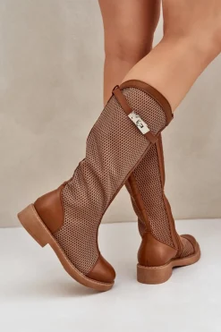 Siateczkowe Kozaki Na Płaskim Obcasie Do Połowy Łydki Brązowe Asgerda