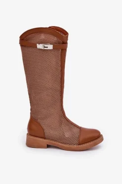 Siateczkowe Kozaki Na Płaskim Obcasie Do Połowy Łydki Brązowe Asgerda