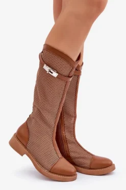 Siateczkowe Kozaki Na Płaskim Obcasie Do Połowy Łydki Brązowe Asgerda