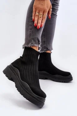 Skarpetkowe Botki Na Masywnej Podeszwie Wsuwane Damskie Czarne Elipara