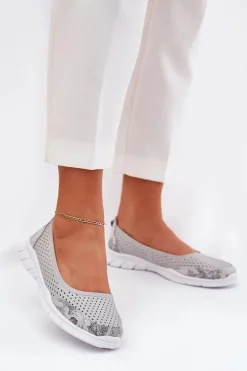 Skórzane Ażurowe Baleriny Vinceza 95323 Szare