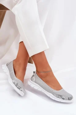 Skórzane Ażurowe Baleriny Vinceza 95323 Szare