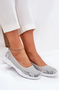 Skórzane Ażurowe Baleriny Vinceza 95323 Szare