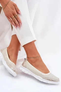 Skórzane Ażurowe Baleriny Vinceza 95323 Beżowe