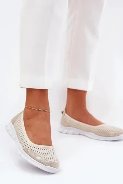 Skórzane Ażurowe Baleriny Vinceza 95323 Beżowe