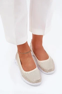 Skórzane Ażurowe Baleriny Vinceza 95323 Beżowe