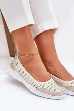 Skórzane Ażurowe Baleriny Vinceza 95323 Beżowe