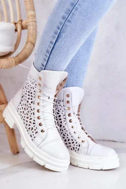 Skórzane Ażurowe Botki Białe Aileen