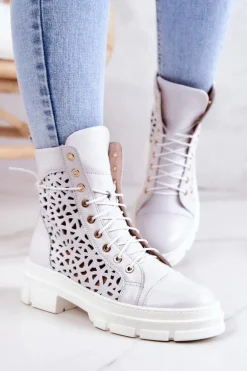 Skórzane Ażurowe Botki Białe Aileen