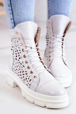 Skórzane Ażurowe Botki Białe Aileen