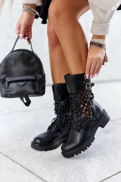 Skórzane Ażurowe Botki Czarne Menie