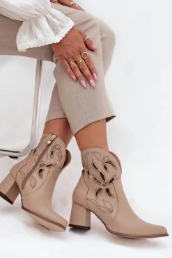 Skórzane Ażurowe Botki Damskie Na Słupku Zazoo 3647 Jasnobeżowe