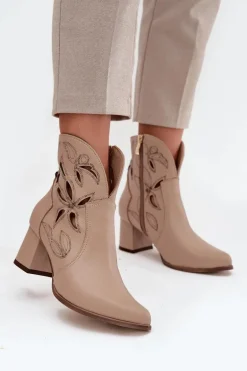 Skórzane Ażurowe Botki Damskie Na Słupku Zazoo 3647 Jasnobeżowe