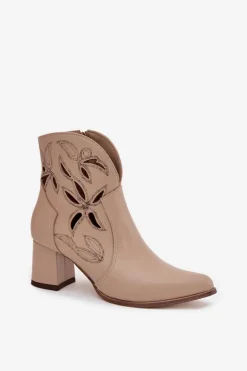 Skórzane Ażurowe Botki Damskie Na Słupku Zazoo 3647 Jasnobeżowe