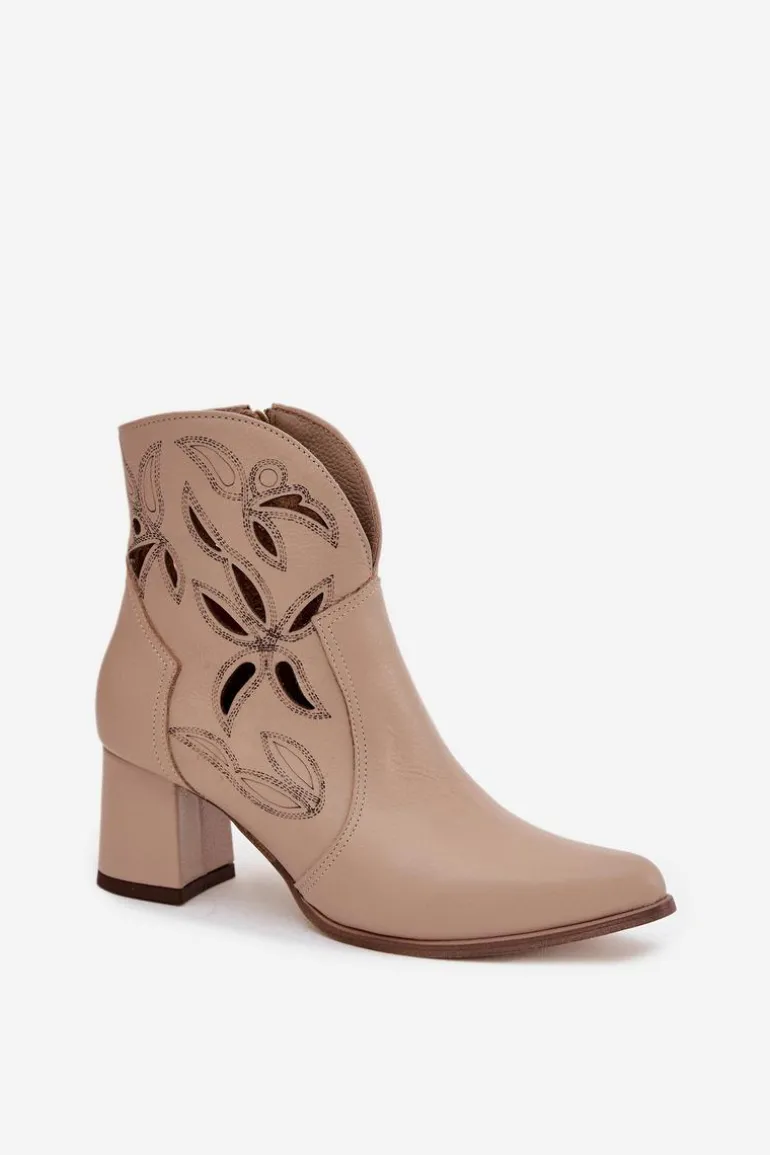 Skórzane Ażurowe Botki Damskie Na Słupku Zazoo 3647 Jasnobeżowe