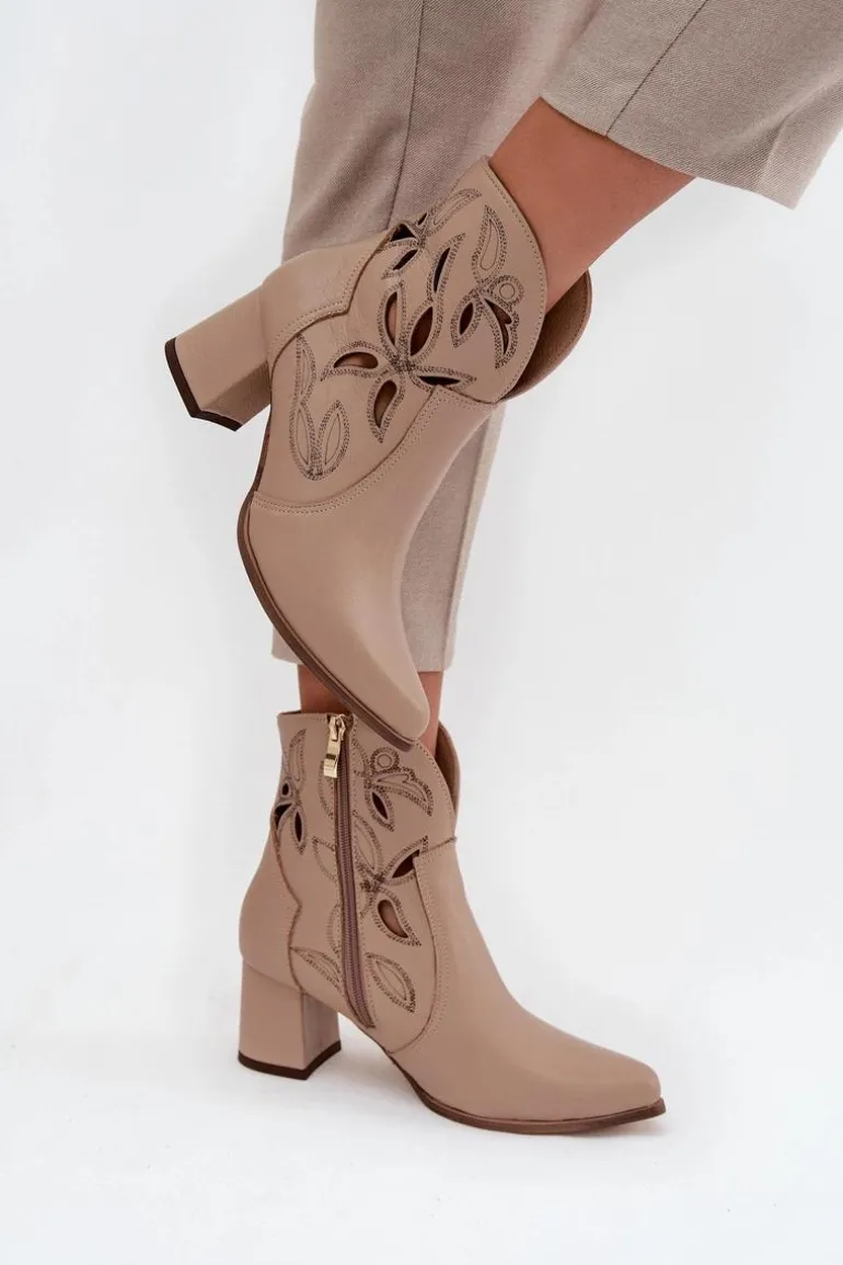 Skórzane Ażurowe Botki Damskie Na Słupku Zazoo 3647 Jasnobeżowe